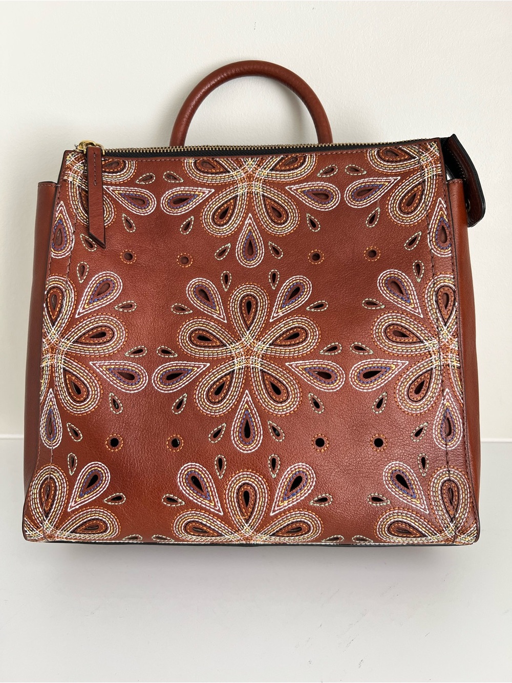 Fossil Brown Leather Satchel with Multicolor Embroidered Florals - Picture 12 of 13